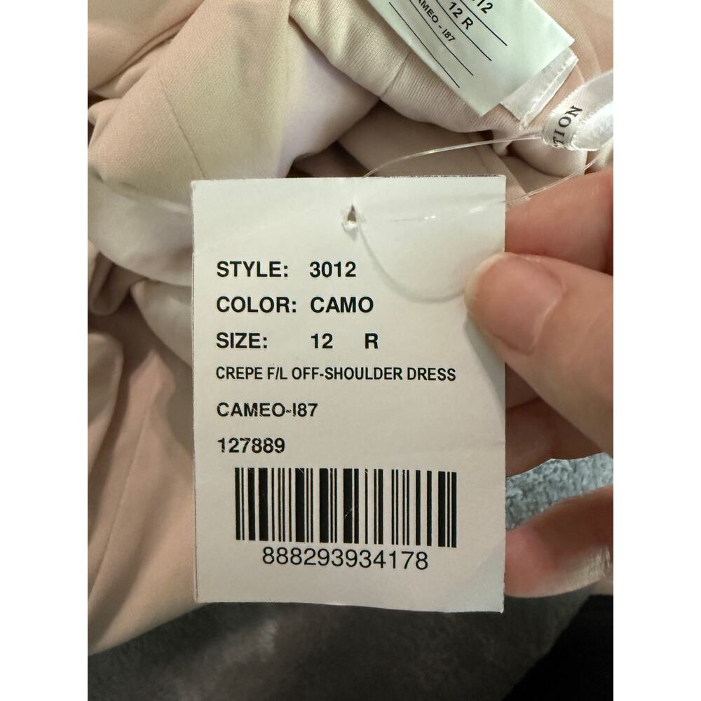 NWT Dessy OFF-THE-SHOULDER CUFF TRUMPET GOWN WITH FRONT SLIT CAMEO Size 12‎ R - Picture 7 of 14